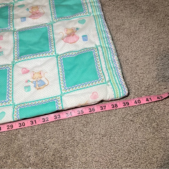 Vintage Baby Quilt Mice Hearts Green Pink 39X50 Nursery Decor Baby Blanket - Picture 4 of 8